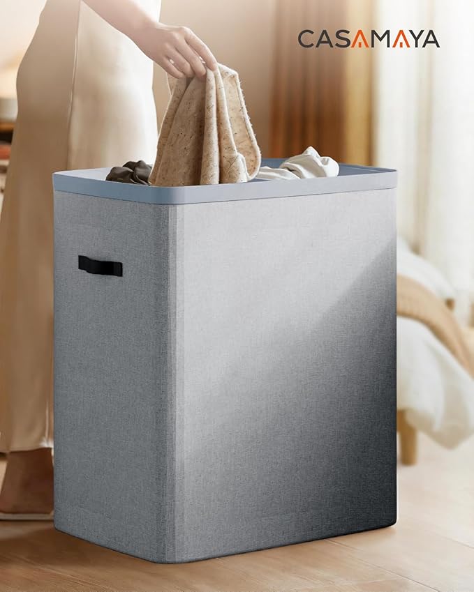CASAMAYA Laundry Basket with Lid, Laundry Hamper 2 Section, 170L collapsible Laundry Organizer, Easy Assembly, with Handles and Removable Liners, 22 x 15.7 x 29.5 Inches, Gray JSP903G