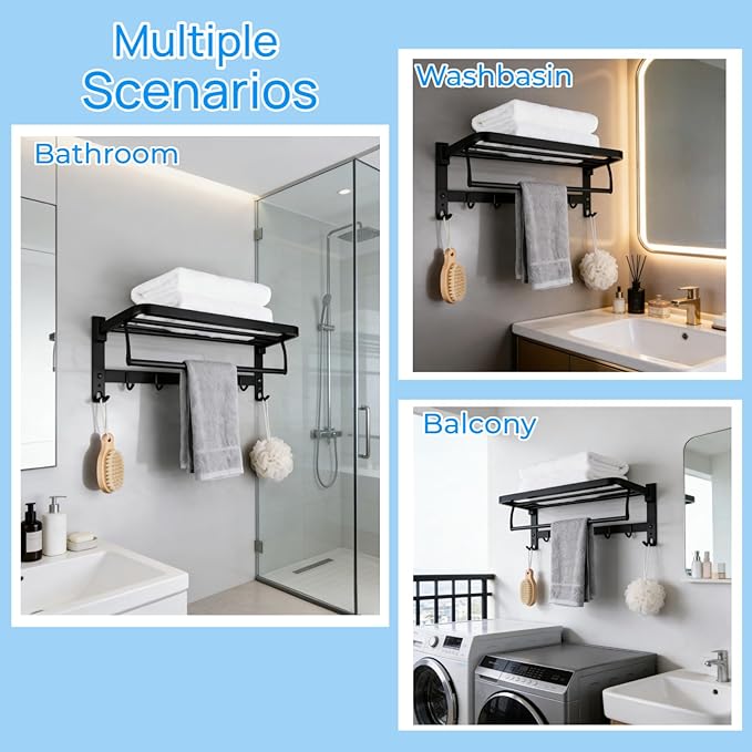 24" Double Towel Rack with 7 Hooks, SUS304 Stainless Steel Towel Bar Towel Rack with Shelf, 90° Foldable Towel Holder, for Bathroom Wall Mounted. (Matte Black)