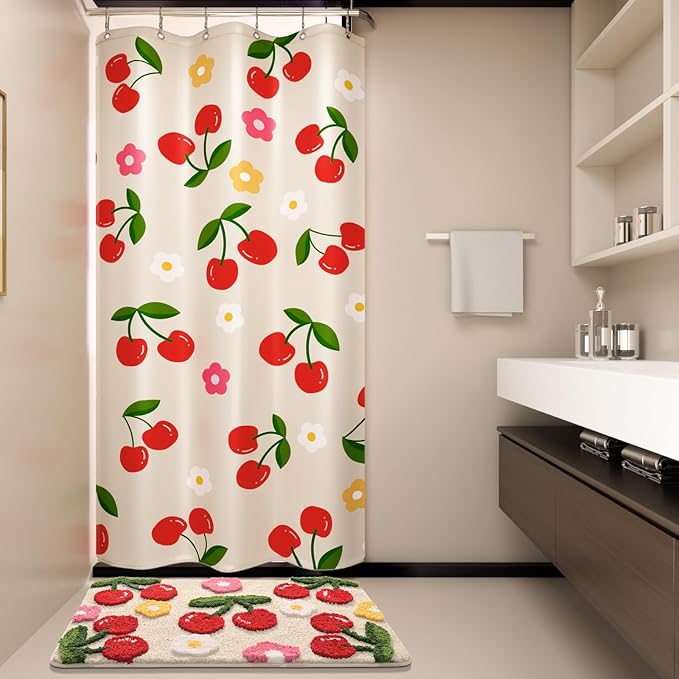 Anybar Fabric Shower Curtain Cute Floral Cherry Curtains Waterproof Soft Polyester Bathroom Curtain- Decor Washable Privacy Cloth Small Stall Shower Curtain for Bathroom Hotel (36x72inch) Beige