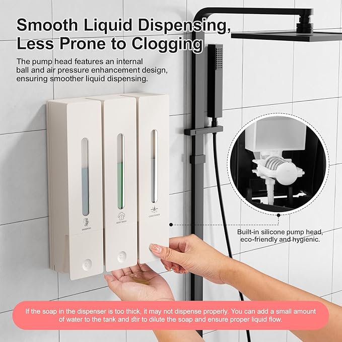 Shampoo and Conditioner Dispenser - Wall-Mounted 3-Chamber Shower Soap Dispenser