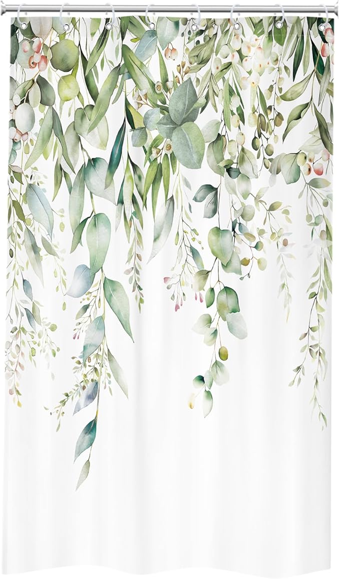 Riyidecor Small Stall Narrow Shower Curtain for Bathroom Decor 48Wx72H Sage Green Eucalyptus Leaves Plants Botanical Spring Floral Art Printed Fabric Polyester Waterproof