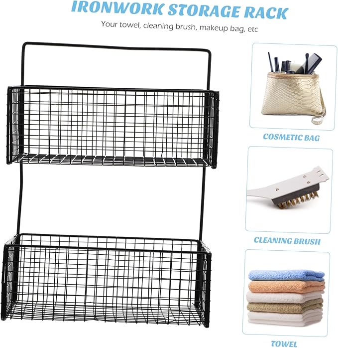 Wall Mounted Bathroom Shelf Dual Layer Multi-Function Storage Rack for Kitchen and Toilet Space-Saving Draining Rack Holder with Stable Iron Construction in Black