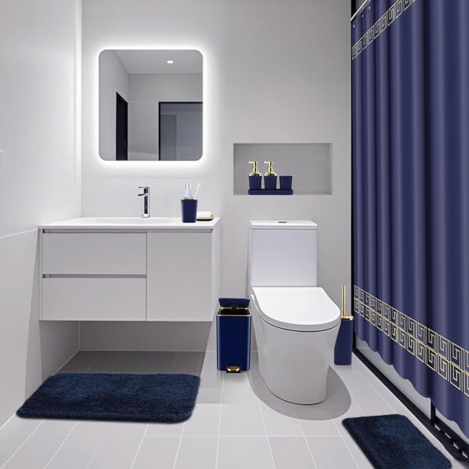 XLHOMO Bathroom Sets with Shower Curtain and Rugs Bathroom Accessories Set Navy Blue Bathroom Set,Soap Dispenser & Toilet Brush Holder Set with Stainless Steel Trash Can