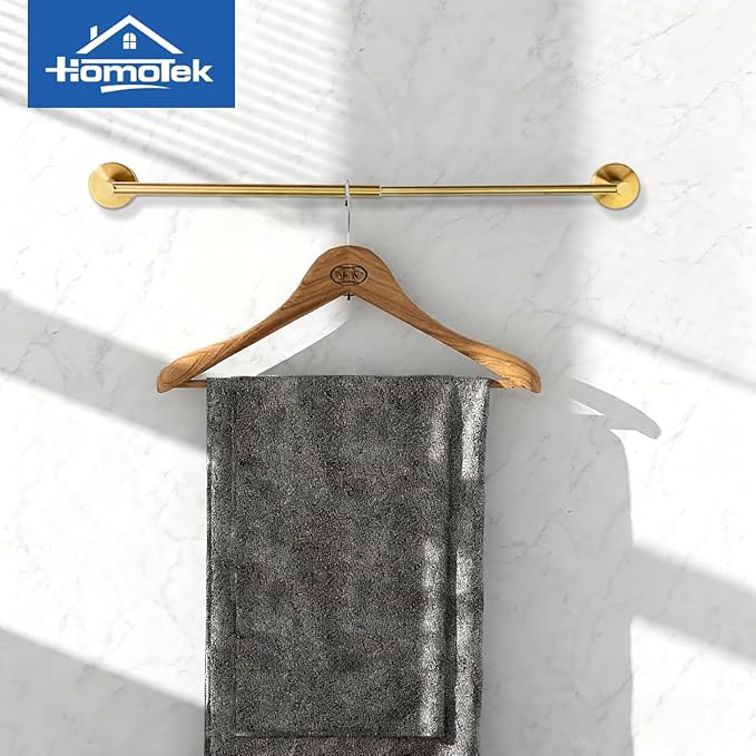Adjustable Towel Bar, HOMOTEK Economical Bathroom Towel Holder Rod from 12 Inch to 22 Inch Single Towel Racks, Wall Mount Towel Rail, Towel Hanger Hook for Kitchen(1 Pack Gold)