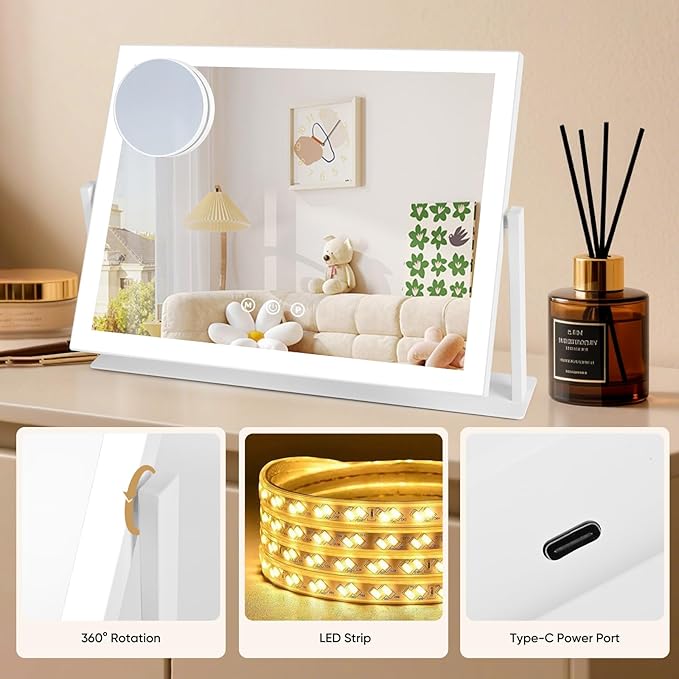 Vanity Mirror with LED Lights, 16.4x12.2 Inch Makeup Mirror, 3-Color Dimmable Touch Screen, 5X Magnification, 360° Rotation, White Large Tabletop Mirror for Bedroom Vanity