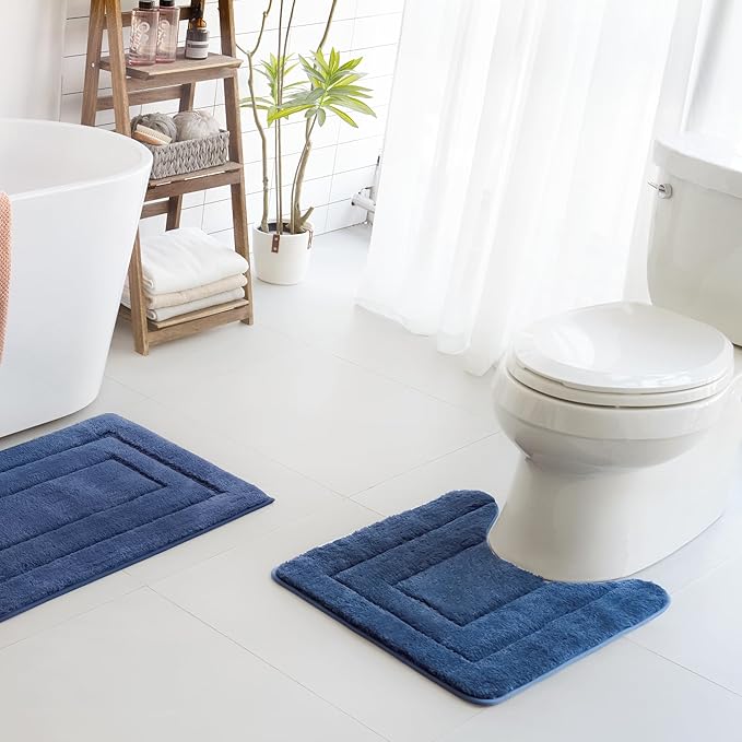 GRANNY SAYS Bathroom Toilet Rugs U Shaped, Bath Mats for Bath, Bathroom Rugs Non Slip Washable, Absorbent Microfiber Toilet Mat, Soft Plush Shaggy Bath Carpet, 20" x 24", Blue