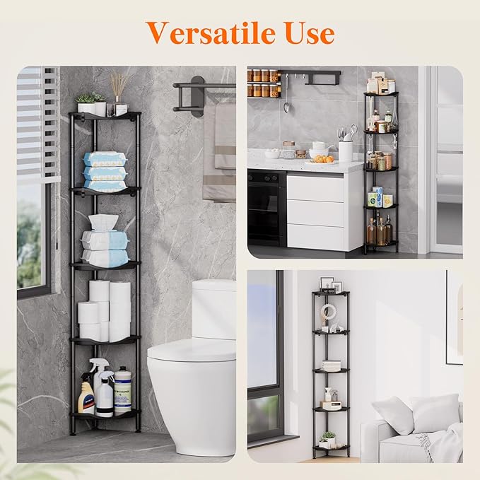 Lifewit Floor Standing Shower Caddy Corner, 5 Tier Plastic Shower Stand Rack with Adjustable Feet and Hooks, Rustproof Bathroom Shelf Organizer, Black,34 x 24 x 139 cm/13 x 9.5 x 55 inch
