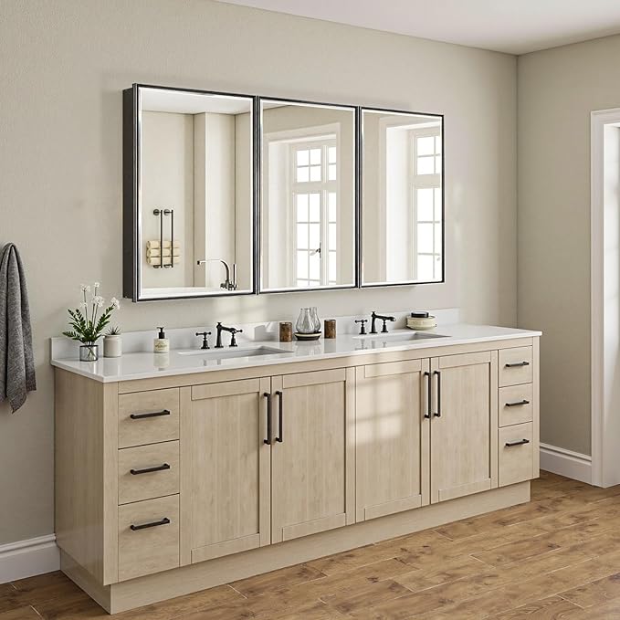 60x30 Pre-Assembled Black Medicine Cabinet with Mirror, Surface or Recessed Medicine Cabinet Mirror for Bathroom, Aluminum Beveled Frame Bathroom Vanity Mirror with Adjustable Shelves Storage