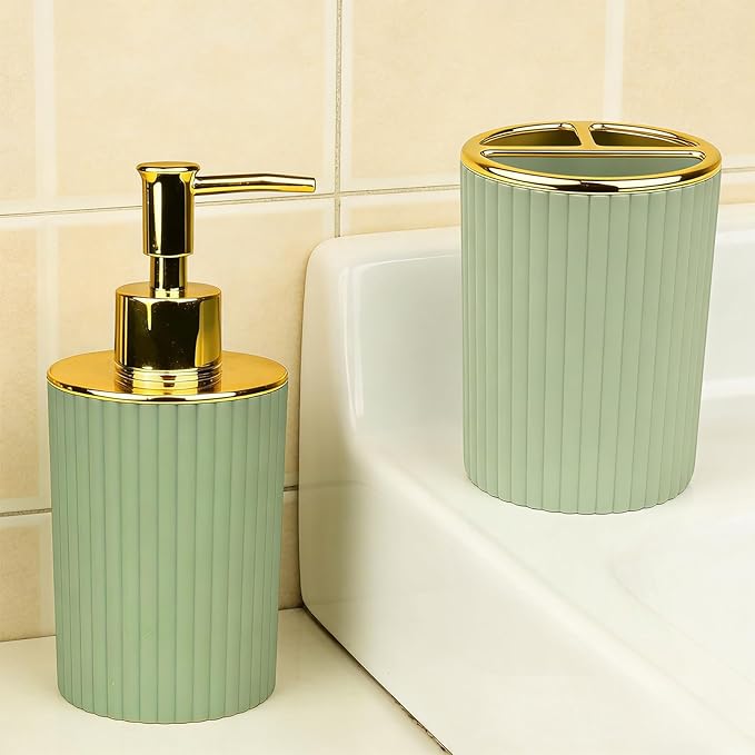 Bathroom Accessories Set, 2-Piece Green & Gold Soap Dispenser & Toothbrush Holder, Modern ABS Vanity Organizer for Countertop, Minimalist Bathroom Decor