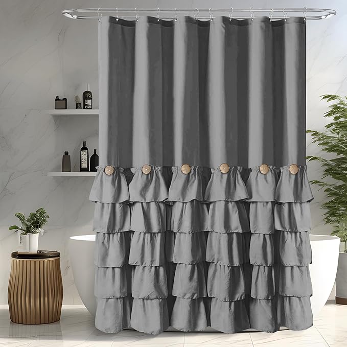 Seasonwood Grey Shower Curtain Ruffle Shower Curtain with Button 72 X 72 inch Bathtubs Decor Accessory Shabby Chic French Country Style