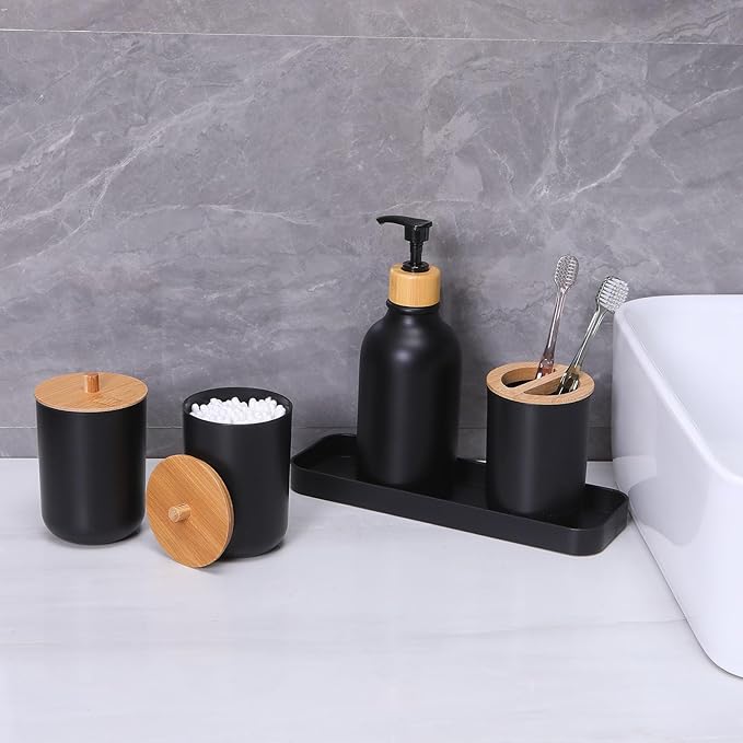 Matte Black Bathroom Accessories Set 9PCS,Bamboo Bathroom Accessories Sets Complete with Trash Can,Soap Dispenser and Toothbrush Holder Set,Toilet Brush,Qtip Holder,Vanity Tray,Soap Dish