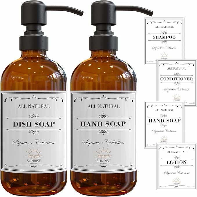 Sunrise Premium 2 Pack Amber Glass Soap Dispenser 16 OZ with Matte Black Stainless Steel Pump, Hand and Dish Soap Dispenser Set for Bathroom and Kitchen Sink with 6 Waterproof Labels
