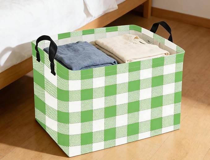 Rectangular Kids Baskets Green grid Basket Cute Storage Bins Organizer Box Boys Room Decor for Home.(Green grid)