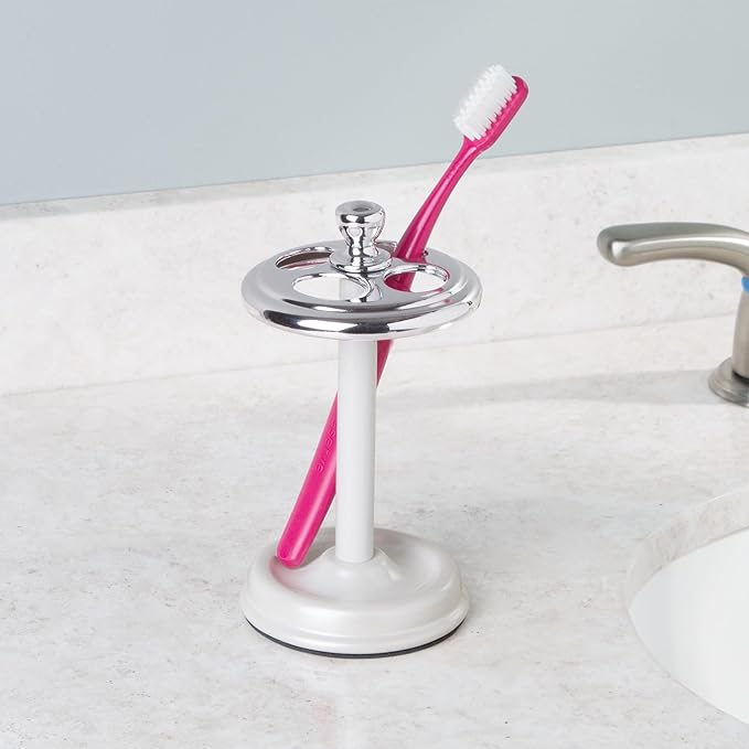 iDesign Toothbrush Holder for Bathroom - 4-Section Toothbrush Stand for Countertop, White/Chrome