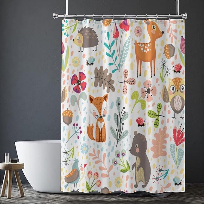 Kids Baby Woodland Shower Curtain Animals Cartoon Girls Children's Cute Cartoon Funny Colorful Weeds Plants Fox Waterproof Fabric Bathroom Decor 72x72 Inches(183x183cm), Style-13