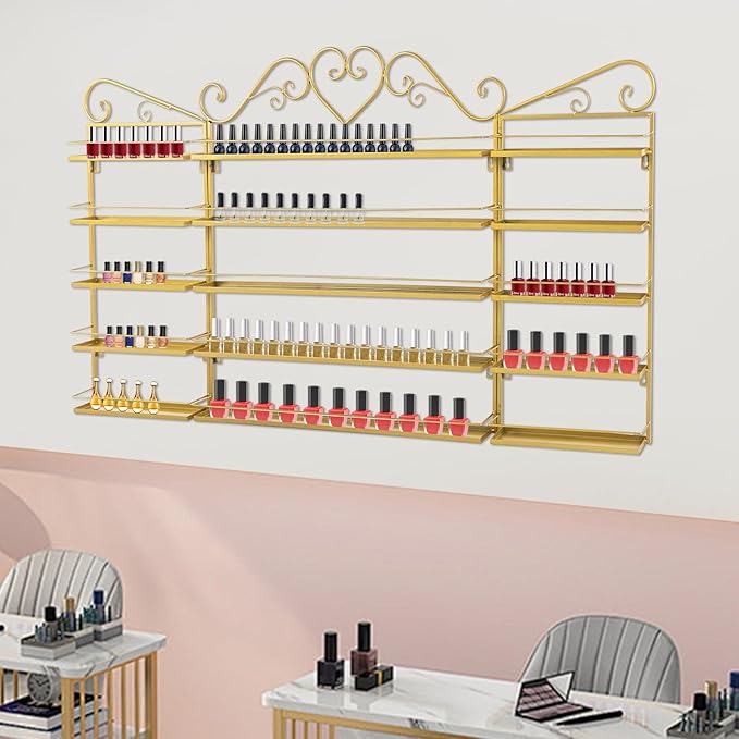 Wall-Mounted Nail Polish Storage Racks Metal Nail Polish Holder 5 Tiers Salon Wall Shelf Organizer Wall Shelf for Nails Salons, Beauty Shops, Stores (1 Middle Rack, 2 Side Racks, Gold)