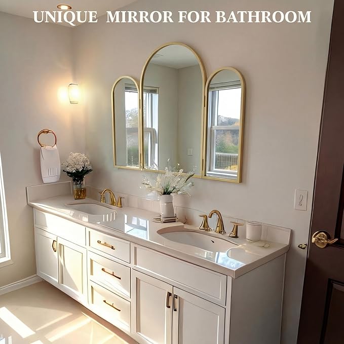 Wonderjune Trifold Vanity Mirrors 3 Way, 30 x 37 in Adjustable Arch Trifold Mirror for Bathroom Bedroom, Decorative Folding 3 Sided Mirror Wall Mounted for Braiding Hair Makeup(Gold)