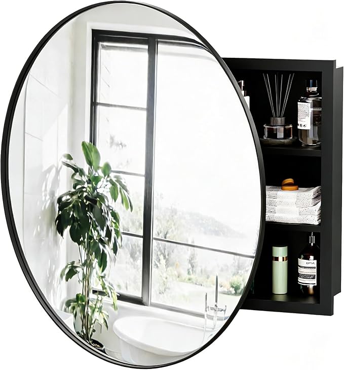 Round Bathroom Medicine Cabinet with Mirror,Wall Mounted Vanity Mirror with Adjustable Shelves Metal Storage Cabinet for Bathroom Bedroom (No Assembly Required) Black 20.5 * 20.5''