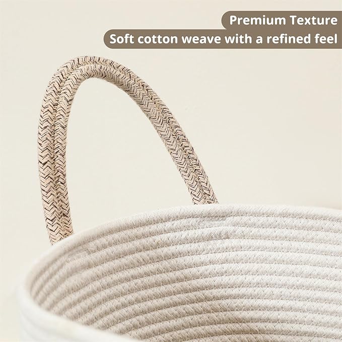40L Woven Laundry Basket Hamper, 100% Natural Cotton Rope, Handwoven & Durable, Storage for Blankets, Toys, Clothes, Decorative Nursery Hamper for Living Room, Baby Room, Bedroom (Brown and White)