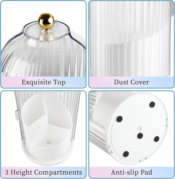 Makeup Brush Holder Organizer, 360 Rotating Makeup Brush Holder, Dustproof Waterproof Material & with 3 Compartments for Organized Storage, Dressing Tables Clear Storage Skincare Cosmetic (White)