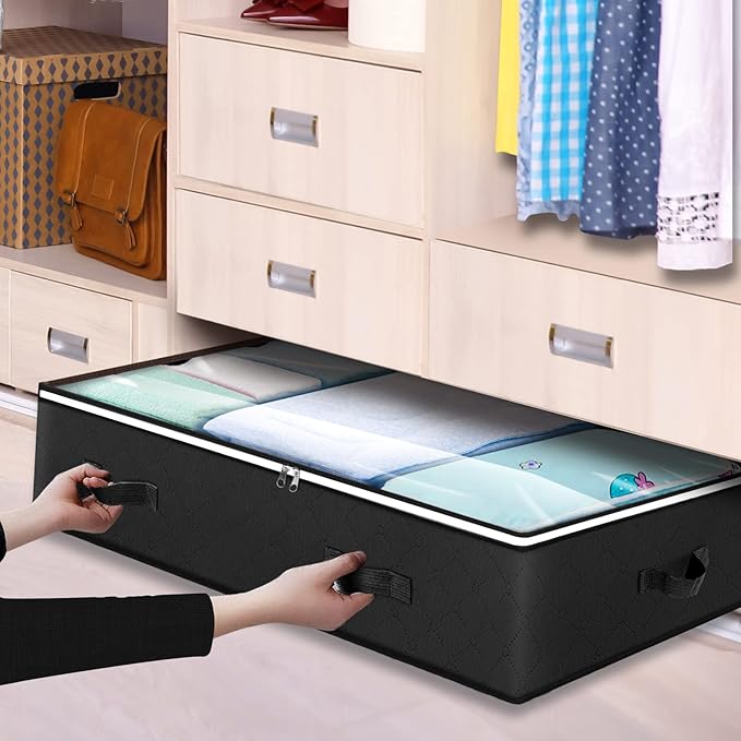 Budding Joy 90L Under Bed Storage Containers, Closet Organizers and Storage Bins, Foldable Underbed Storage Bags for Blankets, Towels, Comforter, Sweaters, Pillows, Linen Sheets, Wrapping Paper,Black