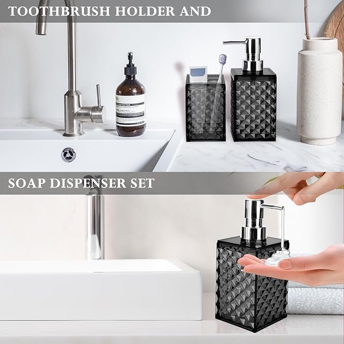 Bathroom Accessories Set 2 PCS, Black Bathroom Accessories Include Soap Dispenser and Toothbrush Holder, Diamond Pattern Bathroom Set for Boho Bathroom Decor