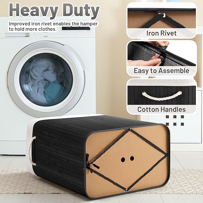 Aliphon 72L Slim Laundry Hamper with Lid, Foldable Bamboo Clothes Laundry Basket with Handles, Removable and Machine Washable Liner, for Bedroom, Bathroom, Dorm, Ink Black