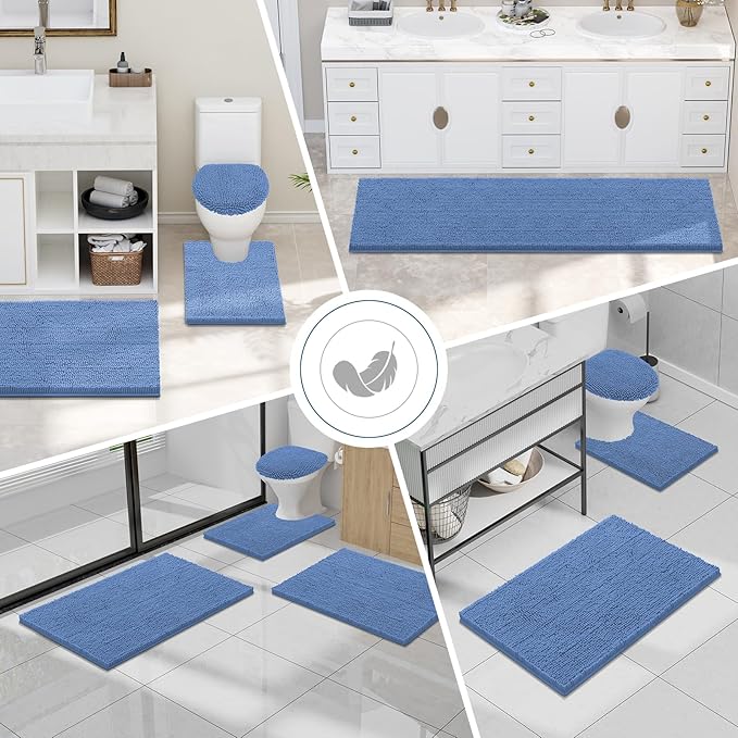 Smiry Luxury Chenille Bathroom Rugs 24x16, Extra Soft and Absorbent Shaggy Bath Mat, Machine Washable, Non-Slip Plush Carpet Runner for Tub, Shower, and Floor, Home Decor Accessories, Cornflower Blue