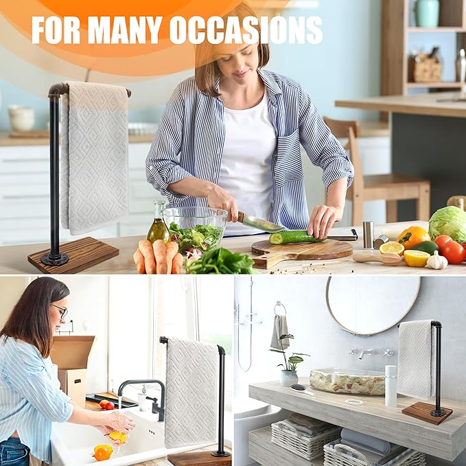 13'' Hand Towel Holder, L Shaped Towel Holder Stand with Weighted Base, Black Hand Towel Stand for Bathroom Kitchen Countertop