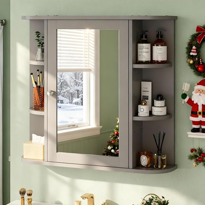DL-win Bathroom Medicine Cabinet with Mirror, Wall Mounted Home Storage with Door, Over The Toilet Space Saver Storage Cabinet, Bathroom Cabinet Wall Mounted, Grey
