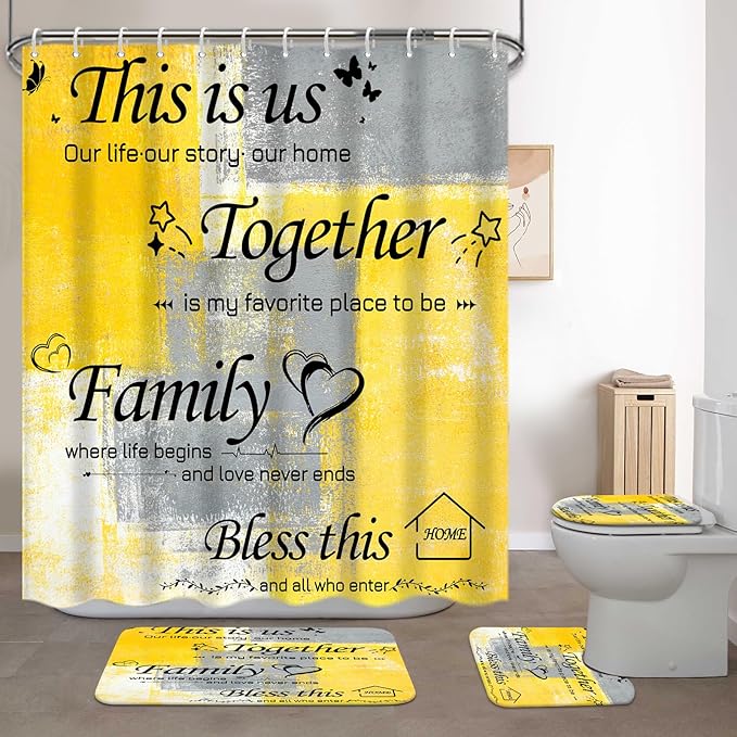 Lnond 4Pcs Bathroom Shower Curtain Sets with Rugs, Yelloe Grey Motivational Home Family Bathroom Sets with Shower Curtain and Rugs and Accessories