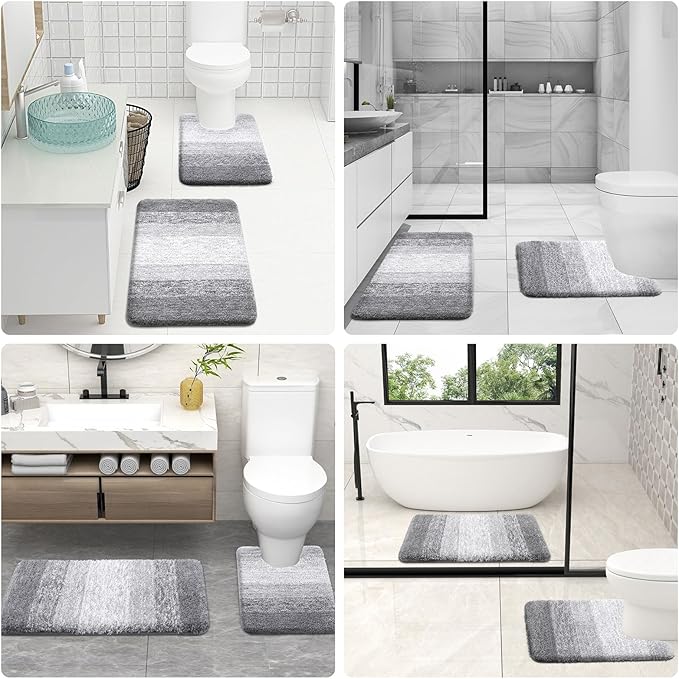 OLANLY Bathroom Rugs Sets 3 Piece, Soft Absorbent Microfiber Bath Mats and U-Shaped Contour Toilet Rug, Plush Shaggy Bath Mat Set for Bathroom (30"x20"+24"x16"+24"x20", Light Grey)