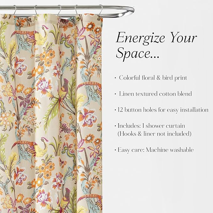Lush Decor Dolores Linen Textured Shower Curtain Single 72" W x 72" L Neutral & Multi - Floral Shower Curtains for Bathroom - Bathroom Curtain