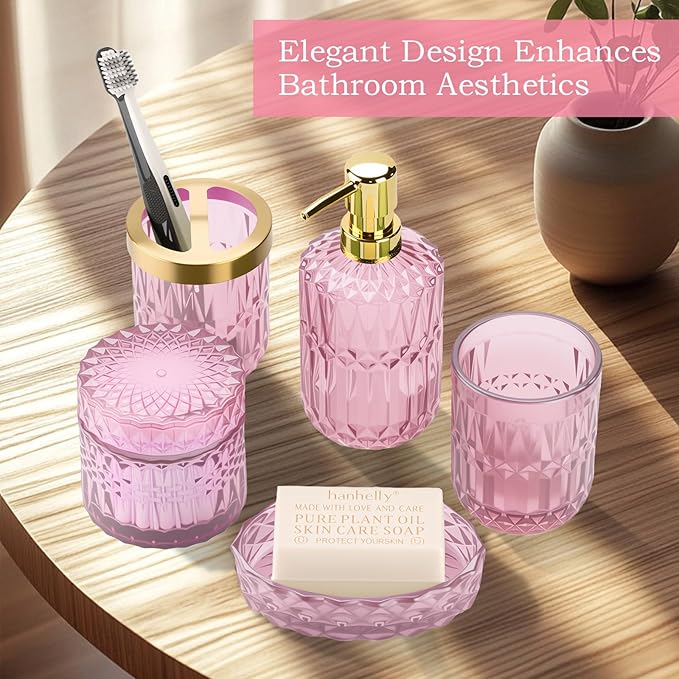 Pink Bathroom Accessories Set, 5Pack Clear Glass Bathroom Accessories, Includes Lotion Soap Dispenser, Toothbrush Holder, Qtip Holder and Soap Dish, Vintage Bathroom Decor