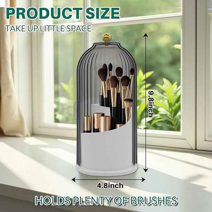 Makeup Brush Holder with Lid Cosmetic Tools Organizer 360 Rotating Waterproof Dustproof Make Up Brushes Storage for Vanity Bathroom Countertop