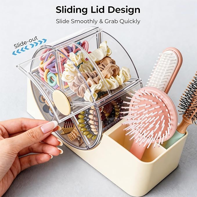 Hair Accessories Organizer with 5-Section Rotating Case | 2-Slot Comb & Hair Brush Holder | Cute Bathroom Vanity Caddy for Hair Tiles, Clips, Scrunchies, Other Accessories | Girls Vanity Décor (Cream)