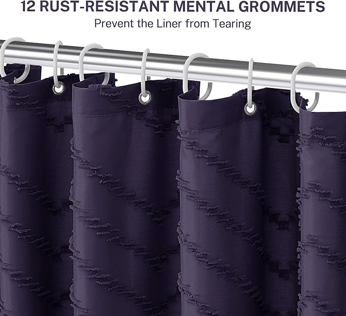 Extra Long Boho Shower Curtain, Woven Fabric 84 in Dark Purple, 72 x 84, Tufted Chevron Striped Modern Chic Textured Minimalist Bathroom Shower Curtain