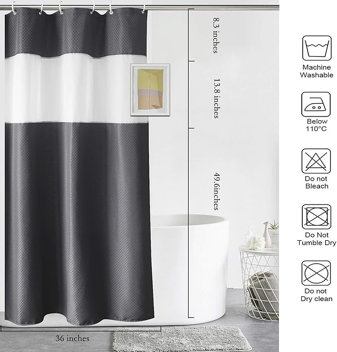 UFRIDAY Waffle Weave Fabric Shower Curtain with Mesh Window, Heavy Duty Decorative Bathroom Curtain with White Pique Pattern, Spa-Like Hotel Luxury, Water-Repellent,36 x 72 Inches