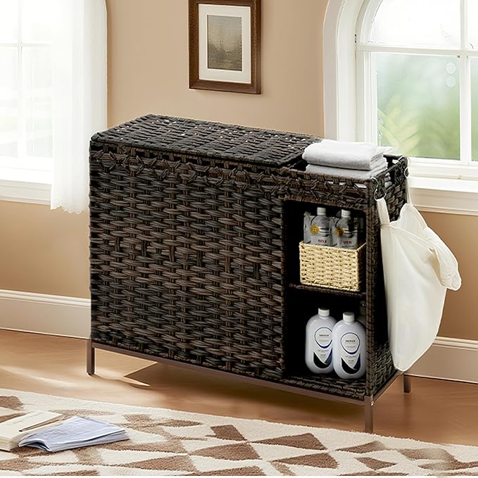 Gitelsnour Laundry Hamper with Lid, 130L(34.4 Gal) Rattan Laundry Hamper 3 Section with 50L (13.2 Gal) Storage Shelf, Wicker Woven Laundry Sorter Basket with 4 Liner Bags and Handles, Brown GLH003BR
