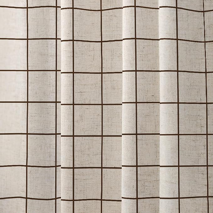 Farmhouse Plaid Shower Curtain Beige Linen Shower Curtains for Bathroom Natural Brown Pattern 72 x 72 Inch