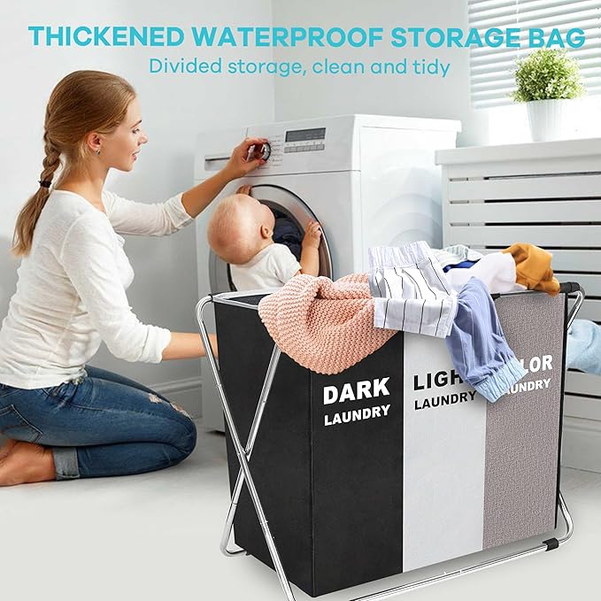 150L Laundry Cloth Hamper Sorter Basket Bin Foldable 3 Sections with stainless steel Frame Washing Storage Dirty Clothes Bag for Bathroom Bedroom Home Storage Basket (Black+Gray+Coffee)