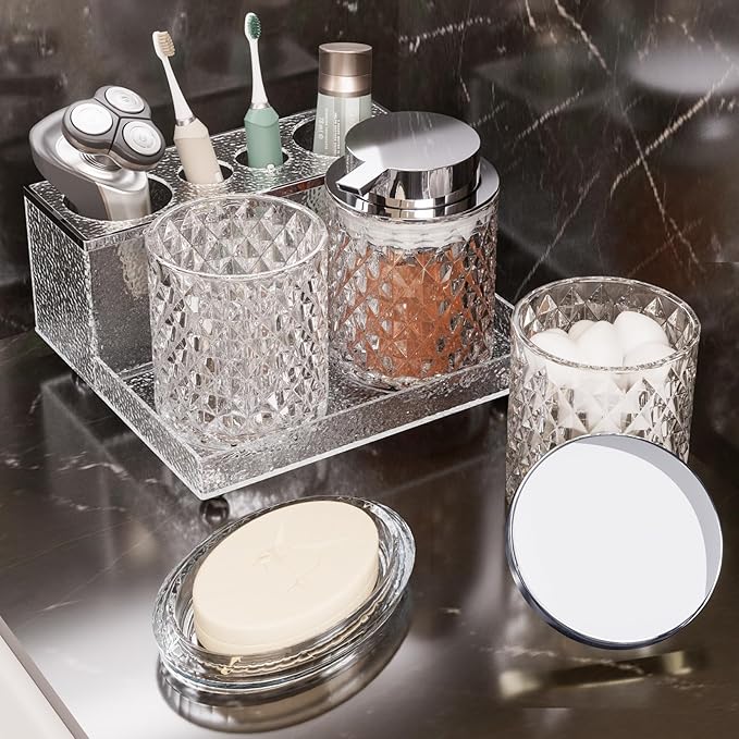 Glass Bathroom Accessories Set 5Pcs Crystal - Foaming Soap Dispenser, Soap Dish, Cup, Acrylic Toothbrush Holder with Tray Organizer, Qtip Jar, Bathroom Counter Set Sink Decor (Clear)