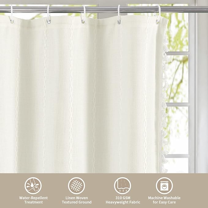 MitoVilla Boho Extra Long Shower Curtain 72 x 96,Ivory Modern Farmhouse 96 inch XL Polyester Linen Texture Tassel Fabric Shower Curtain Set with Hooks for Cottagecore Country Bathroom Decor,Ivory