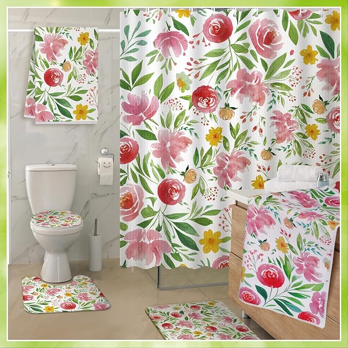 Nuanchu 6 Pcs Spring Shower Curtain Set with Rug Flower Bathroom Sets with Shower Curtain Bath Mat U Shaped Mat Toilet Lid Cover 2 Bath Towels and 12 Hooks Spring Flower Bathroom Decor