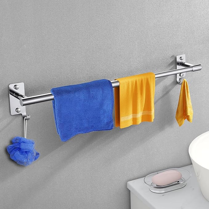 Adjustable Towel Rack for Bathroom, Stainless Steel Sturdy Towel Bar Rod (14.5”-23.6”) Wall Mount, Rustproof Towel Holder with Hanger Hook, Space-Saving Towel Rail for Bathroom Kitchen - Chrome
