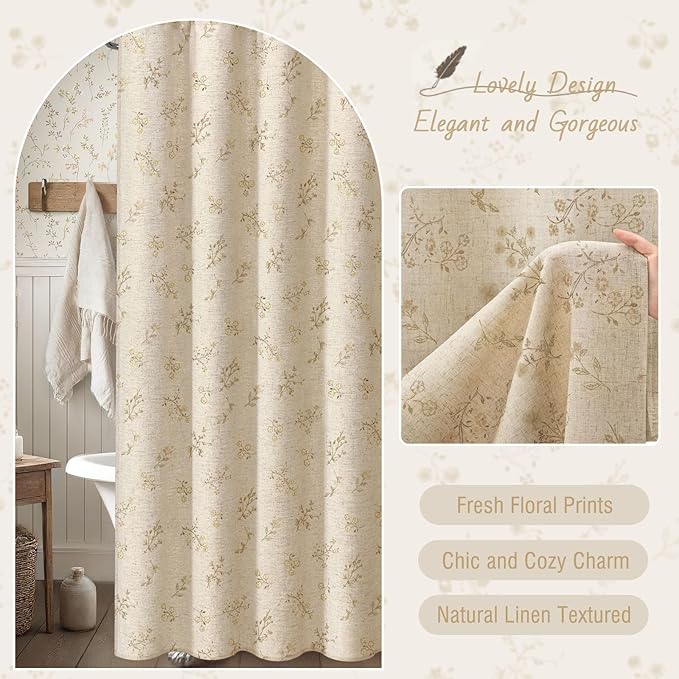 Beige Floral Farmhouse Vintage Linen Shower Curtain, French Country Shower Curtains for Bathroom, 72Wx72H