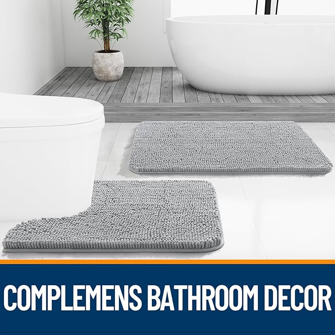 OLANLY Bathroom Rugs 35x24, Extra Soft Absorbent Chenille Bath Rugs, Rubber Backing Quick Dry, Machine Washable Bath Mats for Bathroom Floor, Tub and Shower, Home Decor Accessories, Light Grey