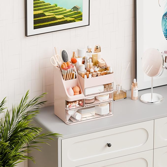 Yieach Countertop Makeup Organizers With Brush Holder,Big Skincare Organizers for Vanity,Dresser,Bathroom,Plastic Cosmetics Storage Organizer with 4 Drawers for Lotion,Beauty,Hair Product & Tool,Pink