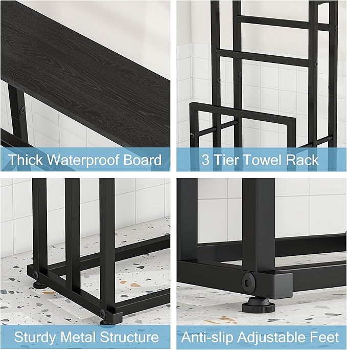 Free Standing Towel Rack for Bathroom, 3 Tier Metal Blanket Rack with Shelf, Blanket Drying and Display Rack for Oversized Bath Towels Bathroom Accessories, Next to Tub or Shower, Black