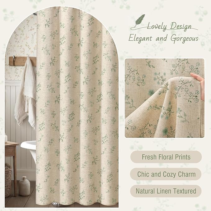 Sage Green Floral Vintage Linen Shower Curtain, French Country Shower Curtains for Bathroom, 72Wx72H